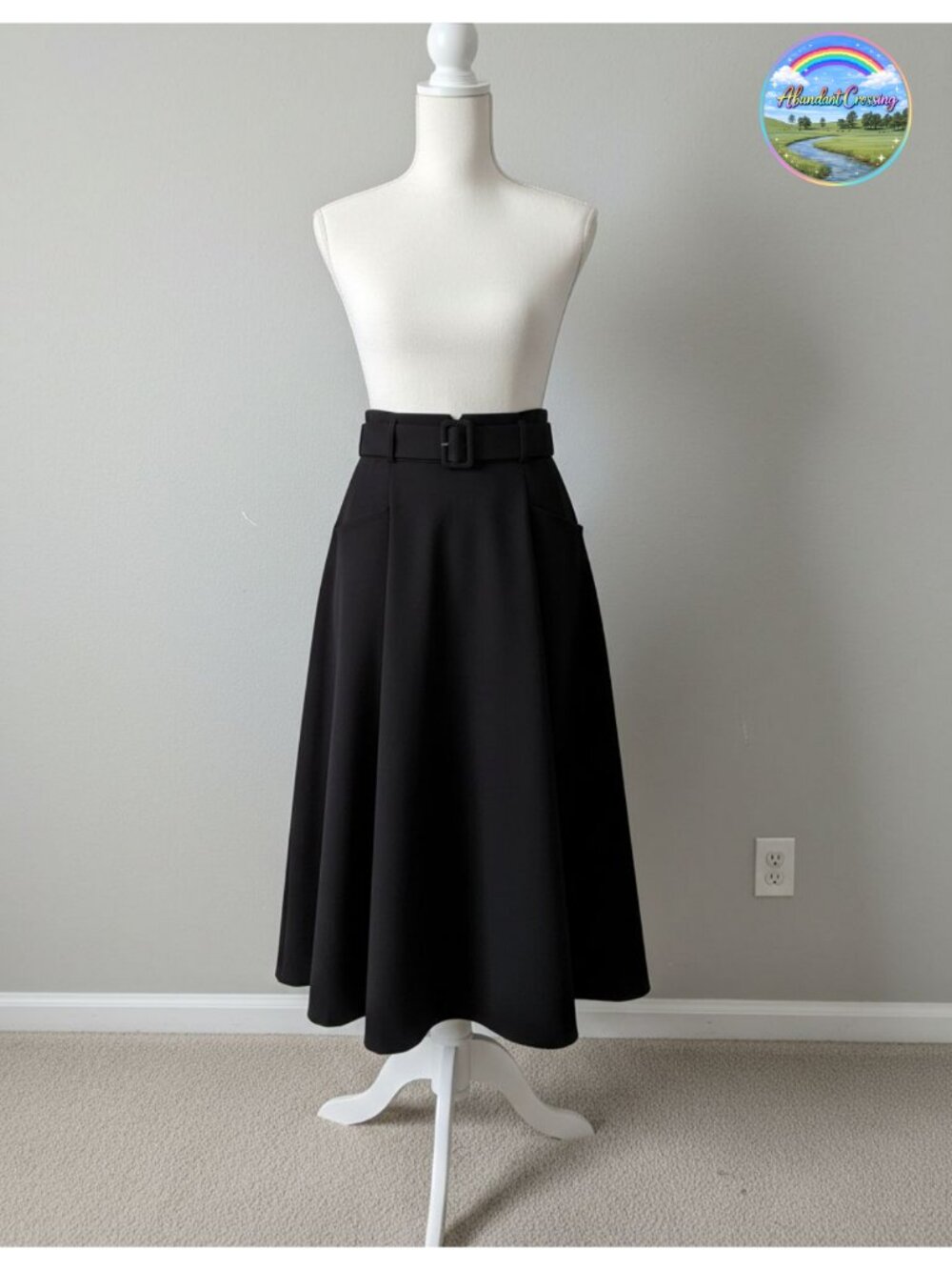 Wool Blend Midi Skirt High Waisted A-Line Belted Pleated Fall Winter